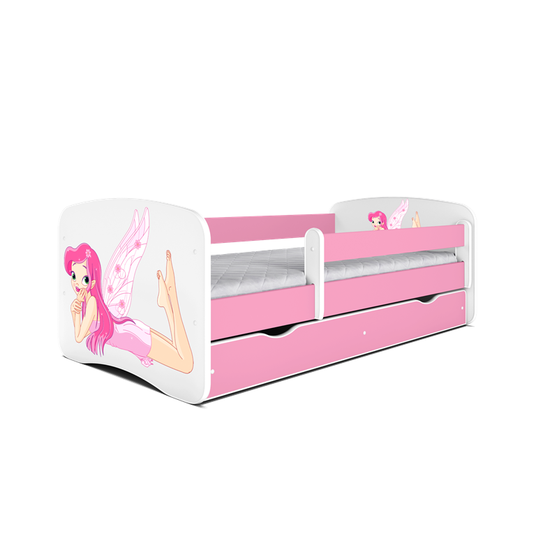 Babydreams juniorseng m. fe med vinger, m. madras, sengehest, skuffe - hvid/lyserd laminat (140x70)