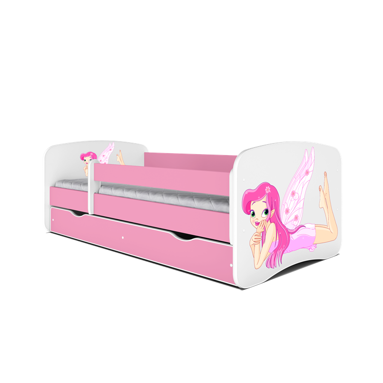 Babydreams juniorseng m. fe med vinger, m. madras, sengehest, skuffe - hvid/lyserd laminat (140x70)