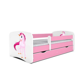 Babydreams juniorseng m. enhjrning, m. madras, sengehest, skuffe - hvid og lyserd laminat (160x80)