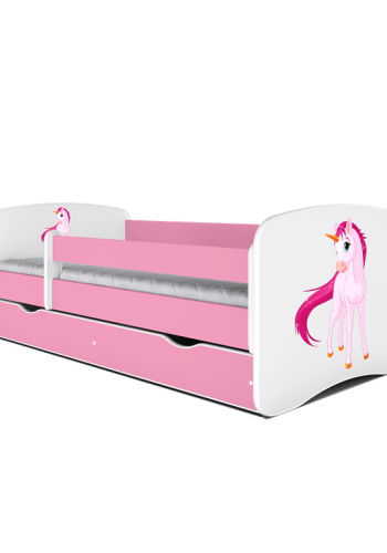 Babydreams juniorseng m. enhjrning, m. madras, sengehest, skuffe - hvid og lyserd laminat (160x80)