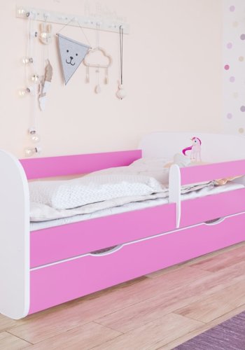 Babydreams juniorseng m. enhjrning, m. madras, sengehest, skuffe - hvid og lyserd laminat (160x80)