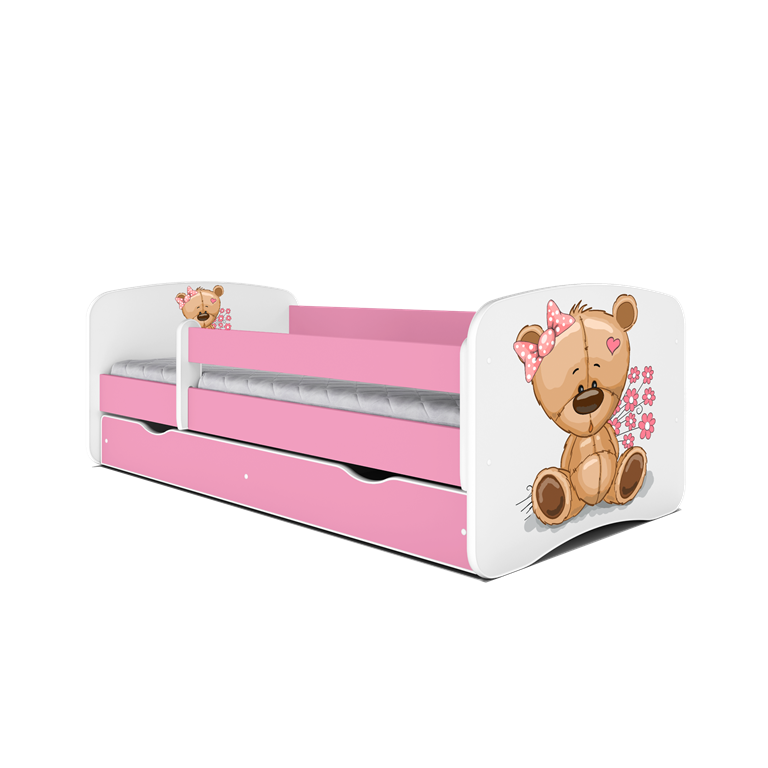 Babydreams juniorseng bamse m blomster, m madras, sengehest, skuffe - hvid/lyserd laminat (160x80)