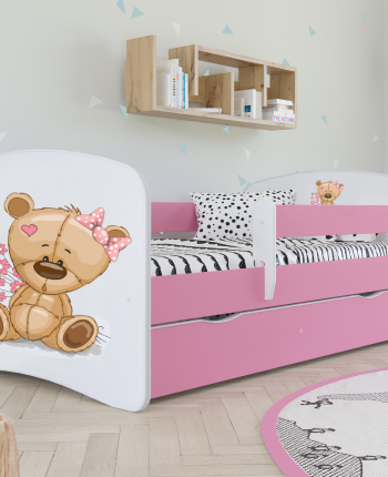 Babydreams juniorseng bamse m blomster, m madras, sengehest, skuffe - hvid/lyserd laminat (160x80)