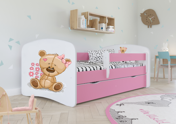 Babydreams juniorseng bamse m blomster, m madras, sengehest, skuffe - hvid/lyserd laminat (160x80)