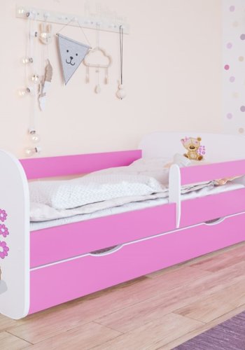 Babydreams juniorseng bamse m blomster, m madras, sengehest, skuffe - hvid/lyserd laminat (160x80)