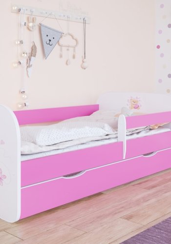 Babydreams juniorseng bamse/sommerfugle, m madras, sengehest, skuffe - hvid/lyserd laminat (160x80)