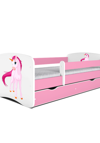 Babydreams juniorseng m. enhjrning, m. madras, sengehest, skuffe - hvid og lyserd laminat (180x80)