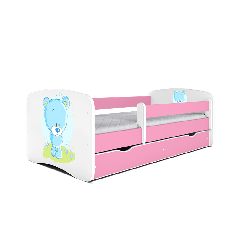 Babydreams juniorseng med bl bamse, m. madras, sengehest, skuffe - hvid og lyserd laminat (180x80)