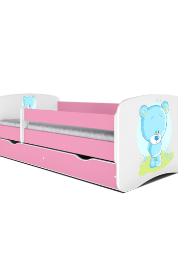 Babydreams juniorseng med bl bamse, m. madras, sengehest, skuffe - hvid og lyserd laminat (180x80)