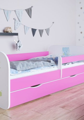 Babydreams juniorseng med bl bamse, m. madras, sengehest, skuffe - hvid og lyserd laminat (180x80)