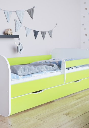 Babydreams juniorseng, m. madras, sengehest, skuffe - hvid og grn laminat (140x70)
