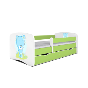 Babydreams juniorseng med bl bamse, m. madras, sengehest, skuffe - hvid/grn laminat (140x70)