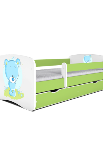 Babydreams juniorseng med bl bamse, m. madras, sengehest, skuffe - hvid/grn laminat (140x70)