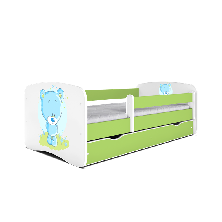 Babydreams juniorseng med bl bamse, m. madras, sengehest, skuffe - hvid/grn laminat (140x70)