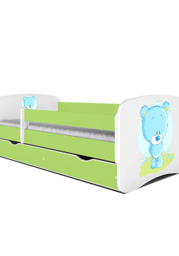 Babydreams juniorseng med bl bamse, m. madras, sengehest, skuffe - hvid/grn laminat (140x70)