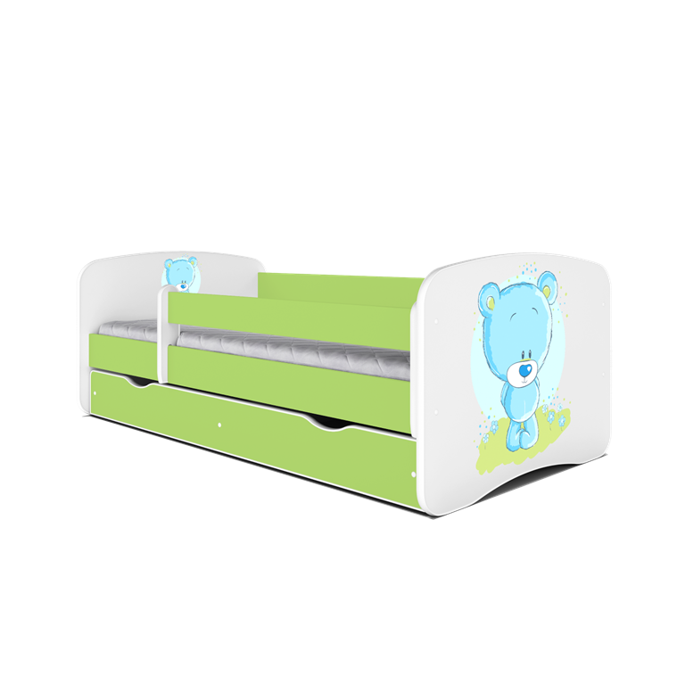 Babydreams juniorseng med bl bamse, m. madras, sengehest, skuffe - hvid/grn laminat (140x70)
