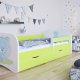 Babydreams juniorseng med bl bamse, m. madras, sengehest, skuffe - hvid/grn laminat (140x70)