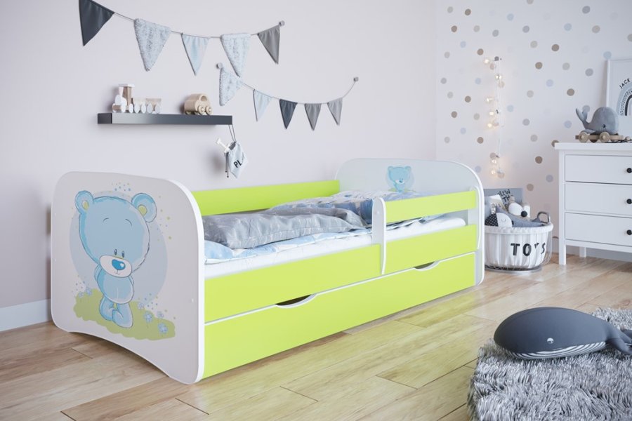 Babydreams juniorseng med bl bamse, m. madras, sengehest, skuffe - hvid/grn laminat (140x70)