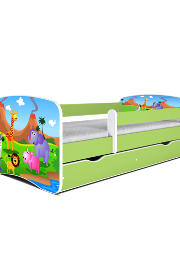 Babydreams juniorseng med safari dyr, m. madras, sengehest, skuffe - hvid/grn laminat (140x70)