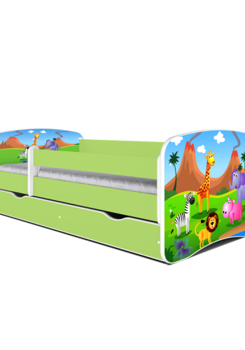 Babydreams juniorseng med safari dyr, m. madras, sengehest, skuffe - hvid/grn laminat (140x70)