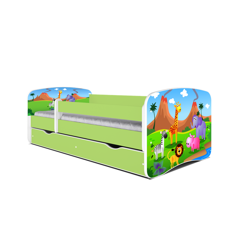 Babydreams juniorseng med safari dyr, m. madras, sengehest, skuffe - hvid/grn laminat (140x70)