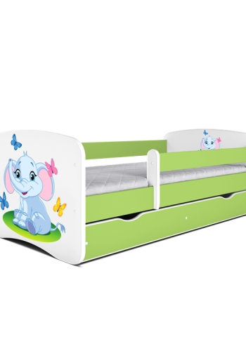 Babydreams juniorseng med elefant, m. madras, sengehest, skuffe - hvid/grn laminat (140x70)