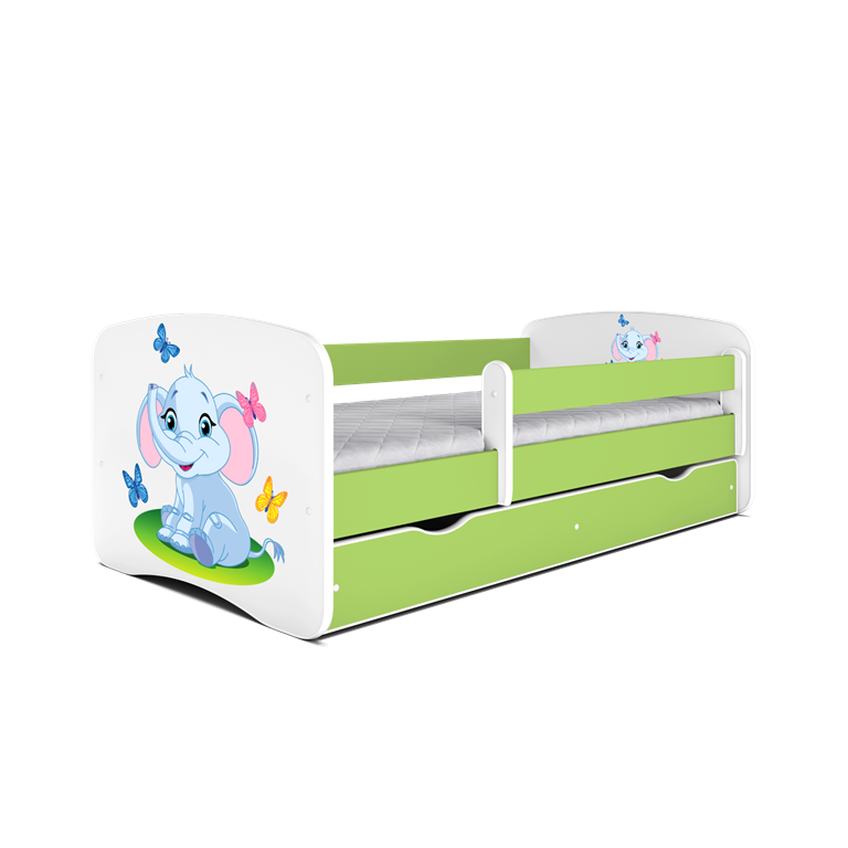 Babydreams juniorseng med elefant, m. madras, sengehest, skuffe - hvid/grn laminat (140x70)