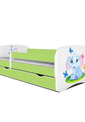 Babydreams juniorseng med elefant, m. madras, sengehest, skuffe - hvid/grn laminat (140x70)