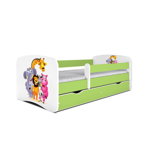 Babydreams juniorseng med Zoo dyr, m. madras, sengehest, skuffe - hvid/grn laminat (140x70)