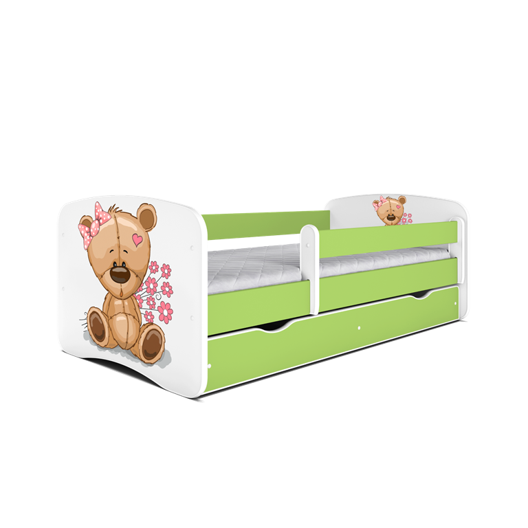 Babydreams juniorseng m bamse/blomster, m. madras, sengehest, skuffe - hvid og grn laminat (160x80)