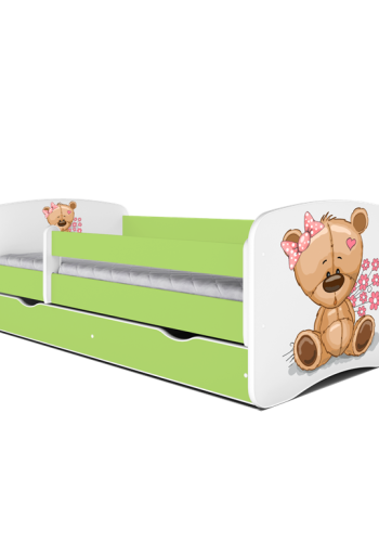 Babydreams juniorseng m bamse/blomster, m. madras, sengehest, skuffe - hvid og grn laminat (160x80)