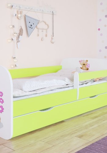 Babydreams juniorseng m bamse/blomster, m. madras, sengehest, skuffe - hvid og grn laminat (160x80)