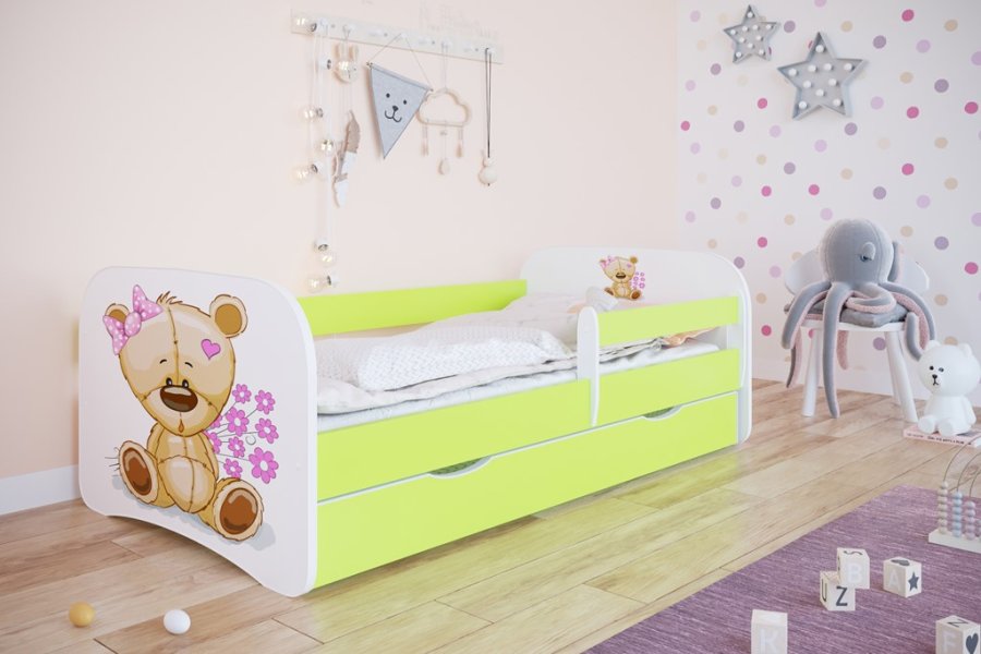 Babydreams juniorseng m bamse/blomster, m. madras, sengehest, skuffe - hvid og grn laminat (160x80)
