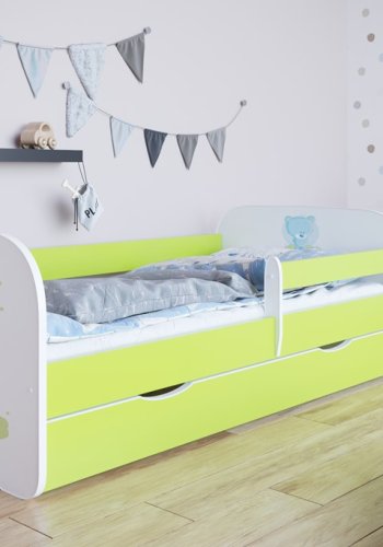 Babydreams juniorseng med bl bamse, m. madras, sengehest, skuffe - hvid/grn laminat (160x80)