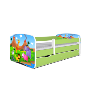 Babydreams juniorseng med safari dyr, m. madras, sengehest, skuffe - hvid/grn laminat (160x80)
