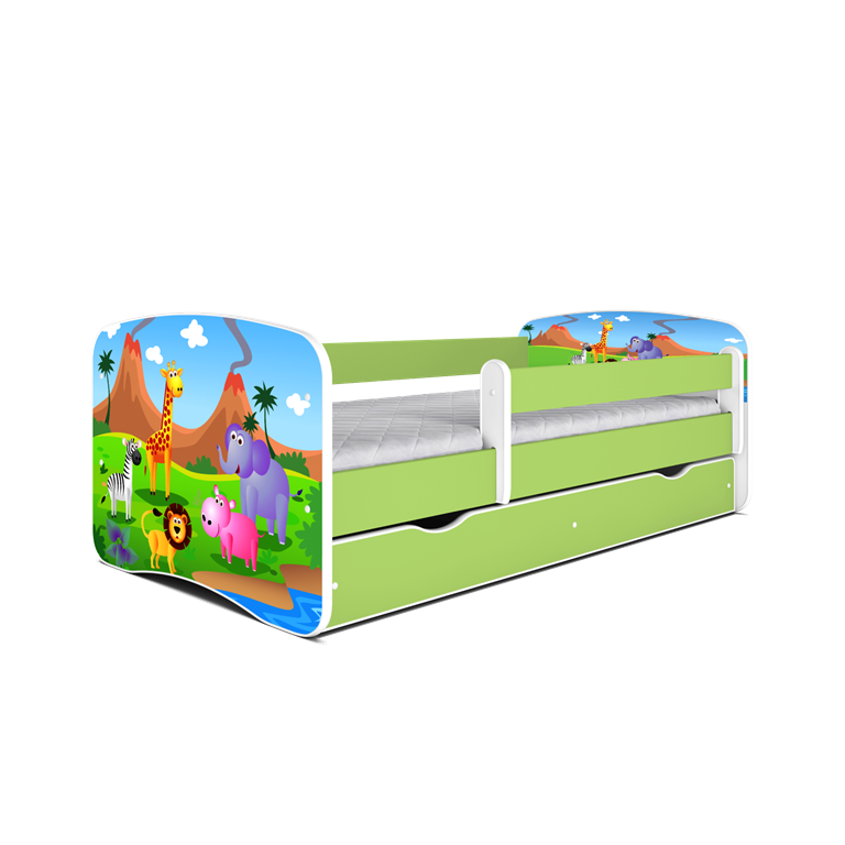 Babydreams juniorseng med safari dyr, m. madras, sengehest, skuffe - hvid/grn laminat (160x80)