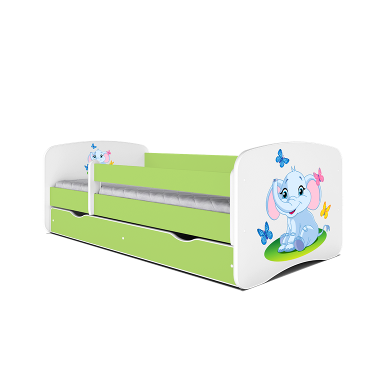 Babydreams juniorseng med elefant, m. madras, sengehest, skuffe - hvid/grn laminat (160x80)
