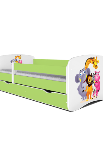 Babydreams juniorseng med Zoo dyr, m. madras, sengehest, skuffe - hvid/grn laminat (160x80)