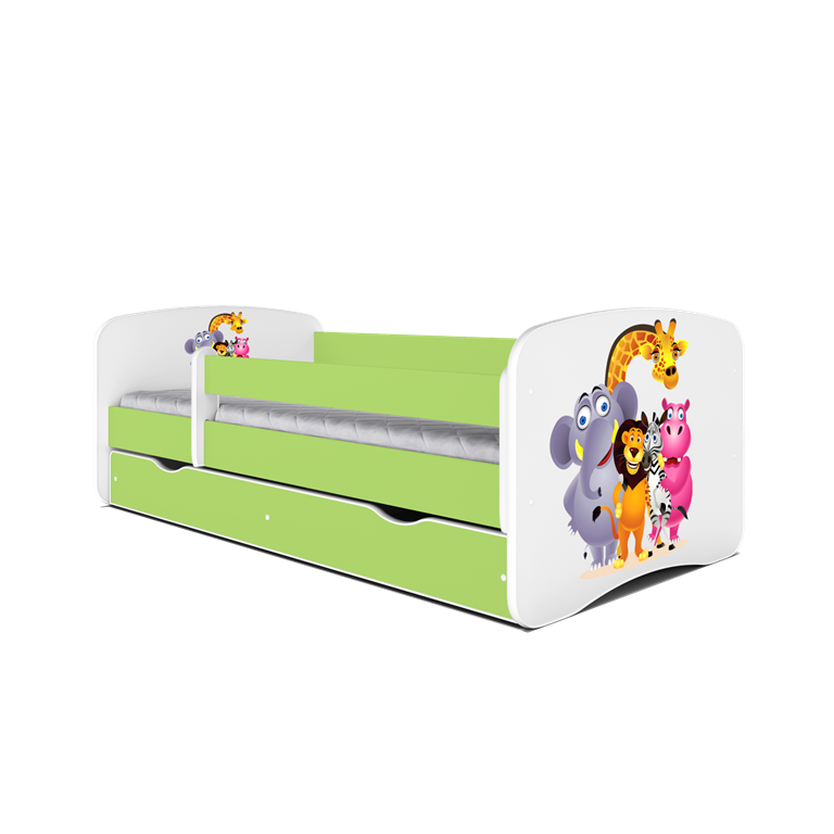 Babydreams juniorseng med Zoo dyr, m. madras, sengehest, skuffe - hvid/grn laminat (160x80)