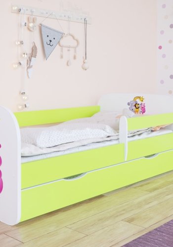 Babydreams juniorseng med Zoo dyr, m. madras, sengehest, skuffe - hvid/grn laminat (160x80)
