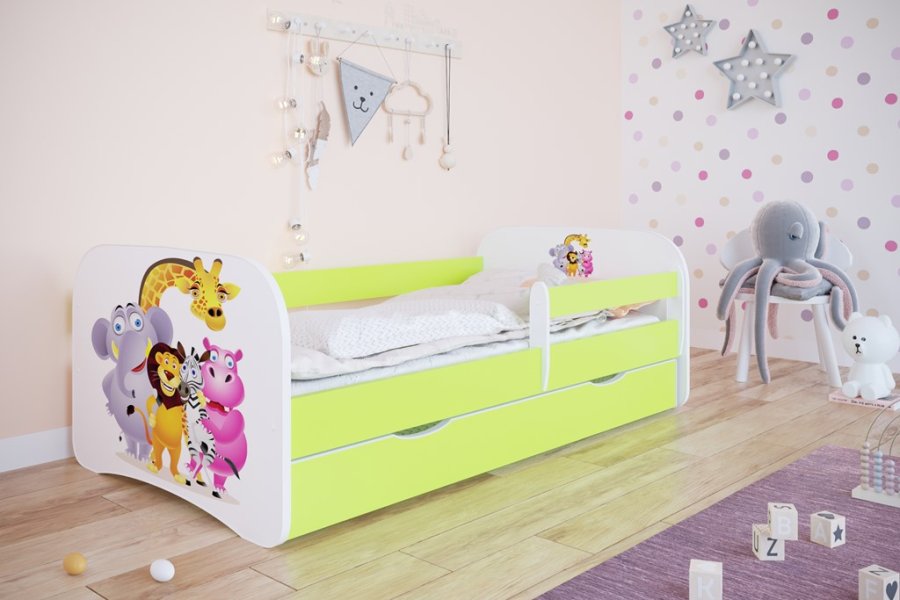 Babydreams juniorseng med Zoo dyr, m. madras, sengehest, skuffe - hvid/grn laminat (160x80)