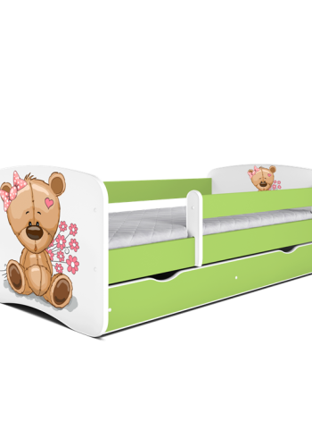 Babydreams juniorseng m bamse/blomster, m. madras, sengehest, skuffe - hvid og grn laminat (180x80)