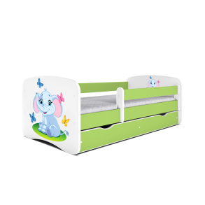 Babydreams juniorseng med elefant, m. madras, sengehest, skuffe - hvid/grn laminat (180x80)