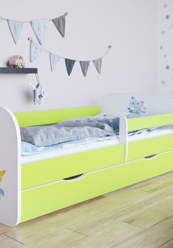 Babydreams juniorseng med elefant, m. madras, sengehest, skuffe - hvid/grn laminat (180x80)