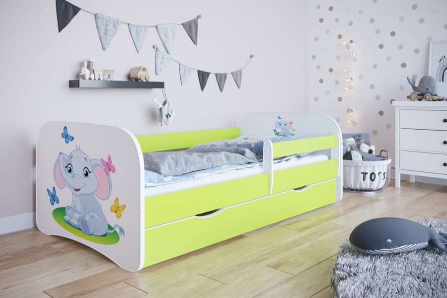 Babydreams juniorseng med elefant, m. madras, sengehest, skuffe - hvid/grn laminat (180x80)