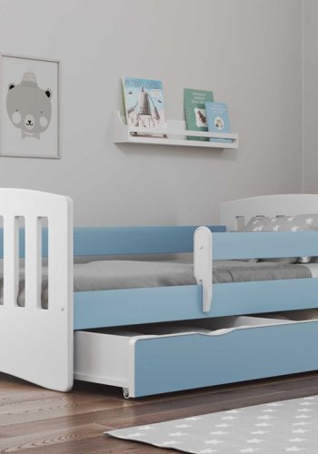 Classic 1 juniorseng, m. madras, sengehest, skuffe - hvid og bl laminat og MDF (140x80)