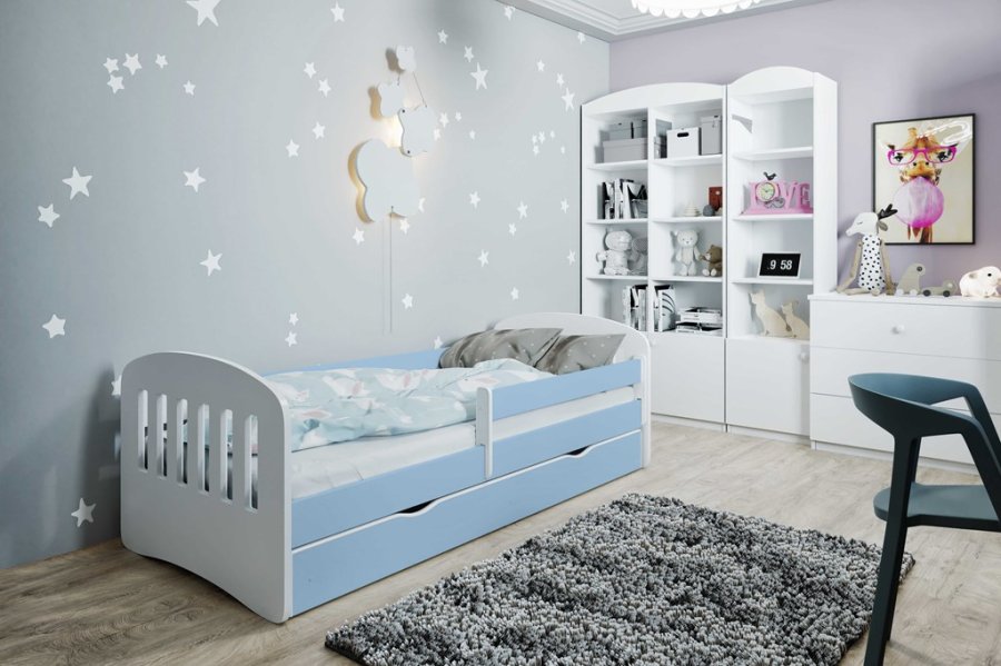 Classic 1 juniorseng, m. madras, sengehest, skuffe - hvid og bl laminat og MDF (140x80)