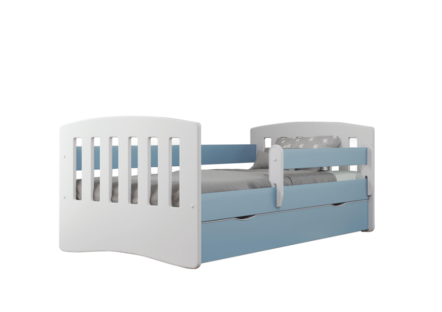 Classic 1 juniorseng, m. madras, sengehest, skuffe - hvid og bl laminat og MDF (160x80)