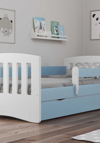 Classic 1 juniorseng, m. madras, sengehest, skuffe - hvid og bl laminat og MDF (160x80)