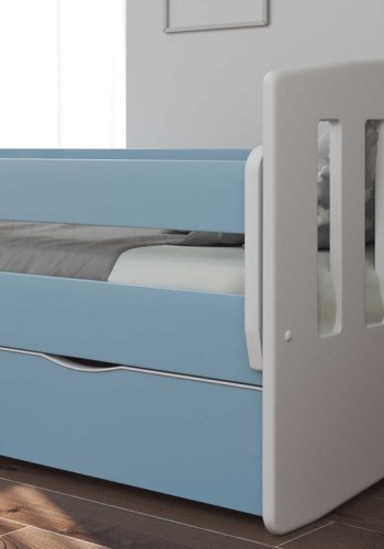 Classic 1 juniorseng, m. madras, sengehest, skuffe - hvid og bl laminat og MDF (180x80)